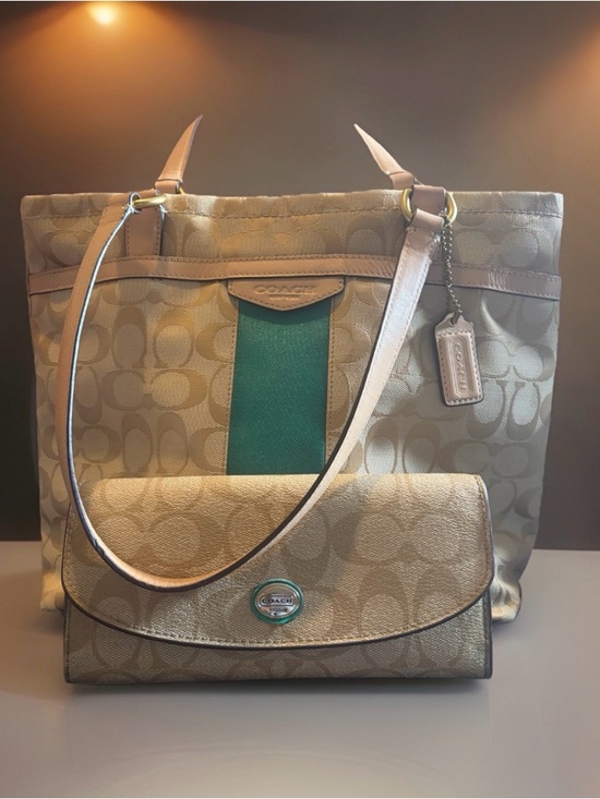 Coach Handbags - Coach Dempsey Beige Signature Green Stripe Tote Bag, F28504 and Matching Wallet